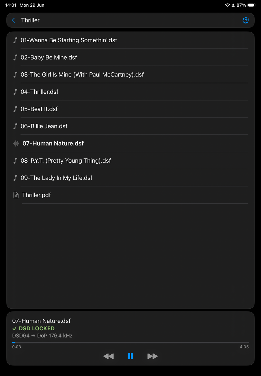 Desibel on iPad showing a DSD LOCKED bit-perfect badge