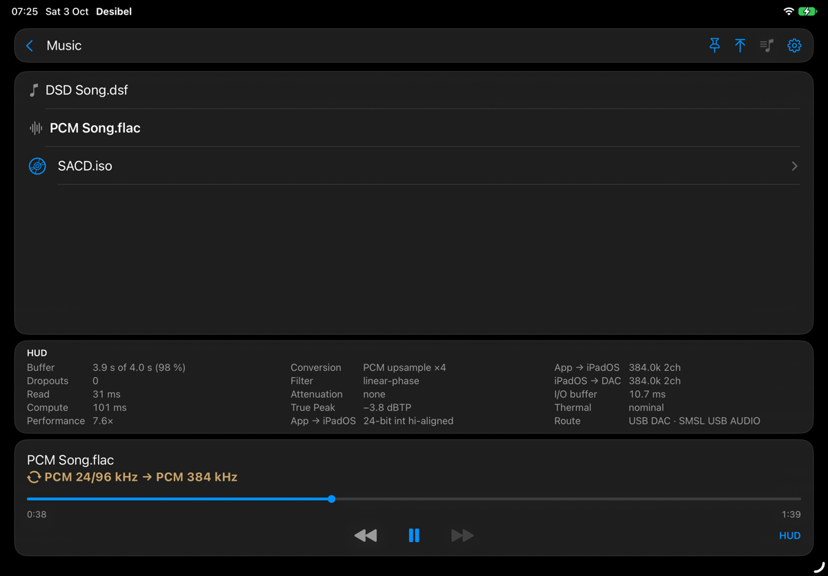 The Desibel player with the HUD open: a panel of live figures such as buffer, dropouts, conversion, true peak and route, above a player showing a gold line PCM 24/96 kHz → PCM 384 kHz.