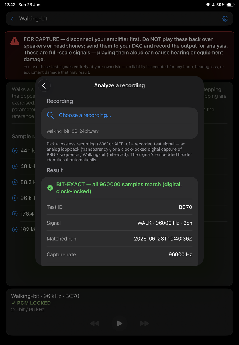 Desibel on iPad: a Walking-bit 96 kHz capture analyzed as bit-exact
