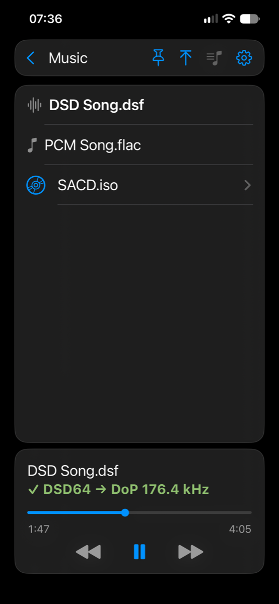 The Desibel player on an iPhone: a folder with three entries, a DSF file playing, and a green line DSD64 → DoP 176.4 kHz under its name.