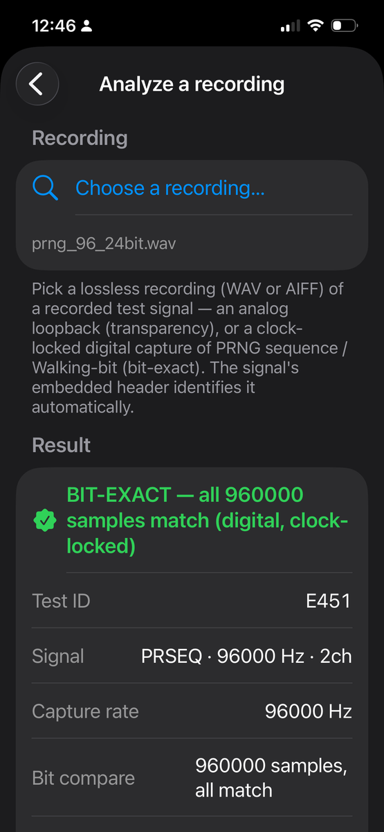 Desibel on iPhone: a PRNG sequence 96 kHz capture analyzed as bit-exact