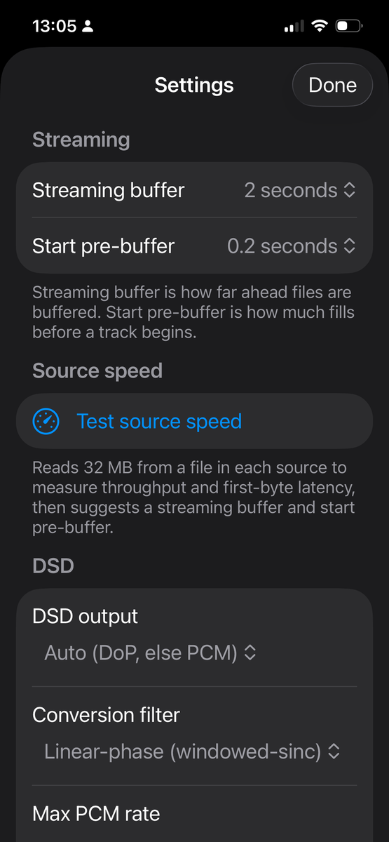 Desibel settings on iPhone — streaming buffers, source-speed test, and DSD output