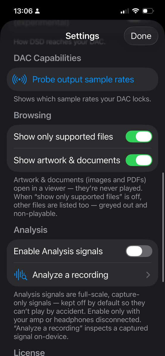 Desibel settings on iPhone — DAC sample-rate probe, browsing, and on-device analysis