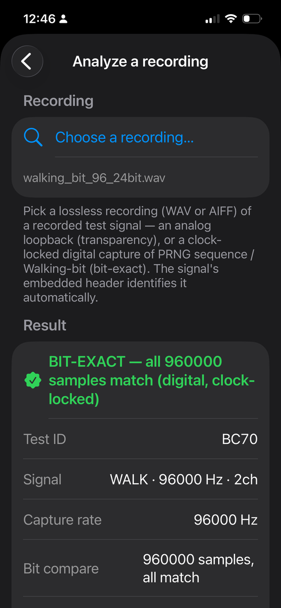 Desibel on iPhone: a Walking-bit 96 kHz capture analyzed as bit-exact